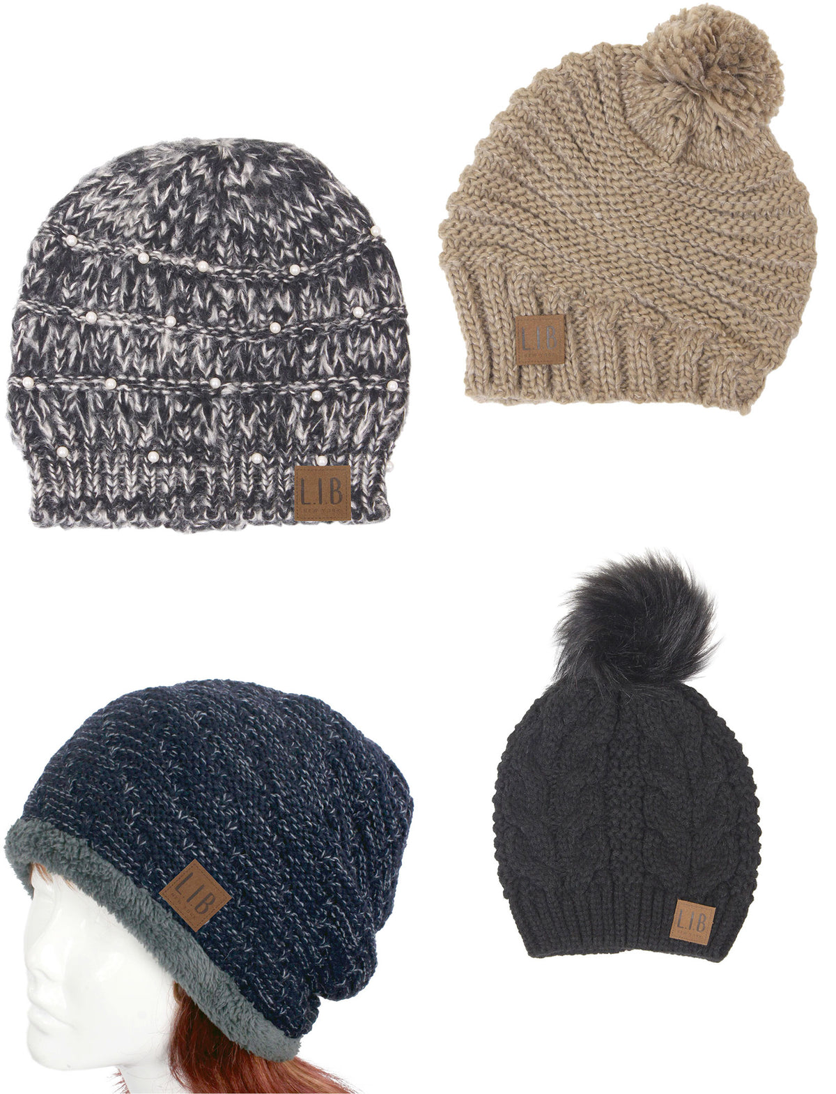 8712 BLACK WHITE /FUR POM POM Knit Winter Hat