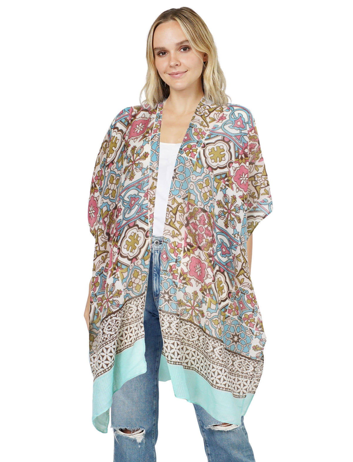 10627 - Navy Border Tile Print Kimono