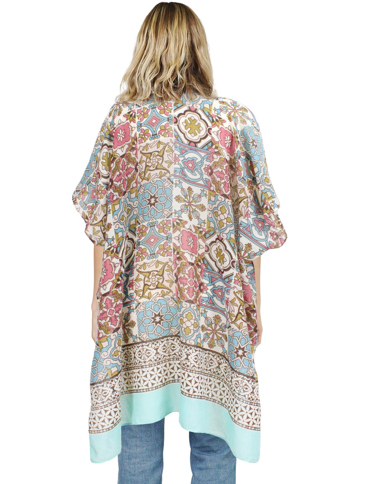 10627 - Navy Border Tile Print Kimono