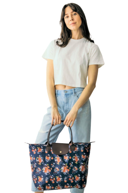 2069 - Black Floral Foldable Tote Bag