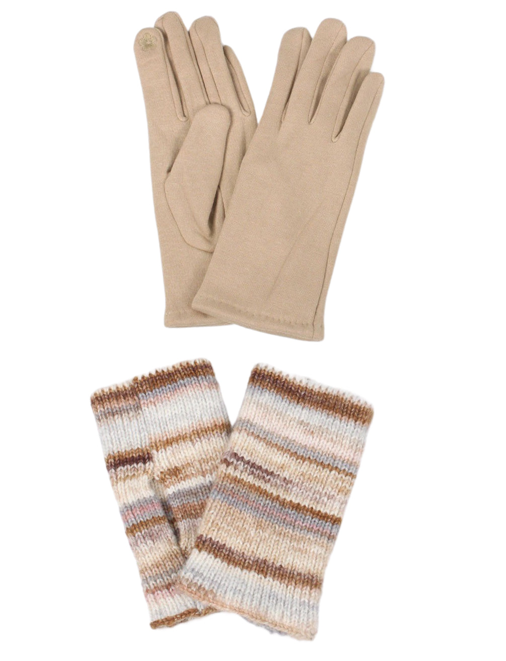 3568 - Taupe Multi Striped Overlay Knitted Gloves